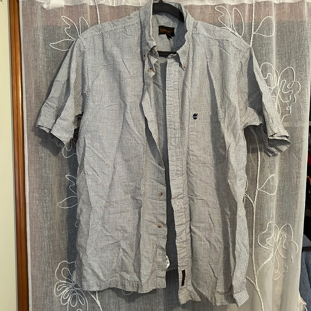 Men’s large Timberland short sleeve button down shirt white and gray like new L